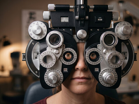 Woman Wearing Phoropter Frame During Vision Measurement