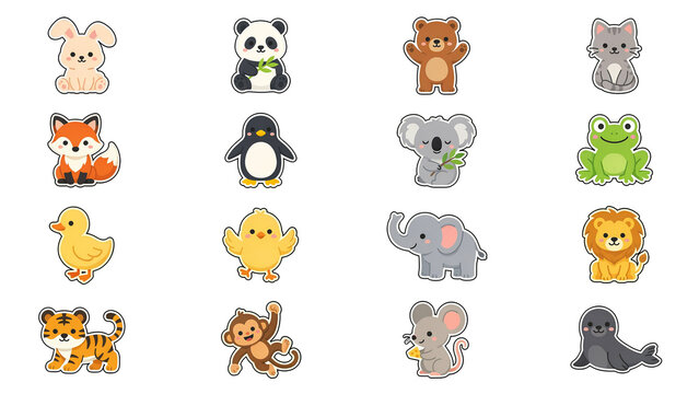 Set of cute pixel art animal stickers featuring various wild and farm creatures in a colorful cartoon style