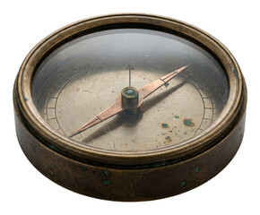 Vintage brass compass with a weathered patina and scratched glass, showing isolated transparent background image © Neo