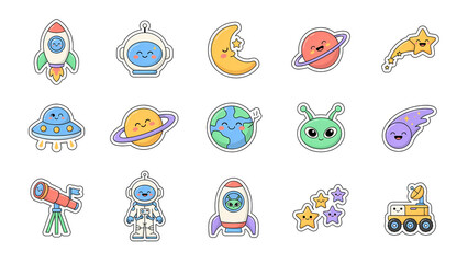 Set of cute space themed stickers featuring planets rockets astronauts and stars in a colorful cartoon style © Sahinur