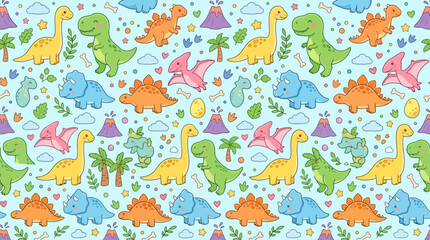 Colorful dinosaurs and volcanoes seamless pattern © andi