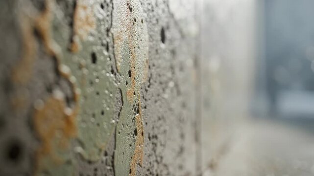 Detailed close up texture of a weathered concrete wall with peeling paint and water stains, grunge surface, industrial decay, imperfect rough material