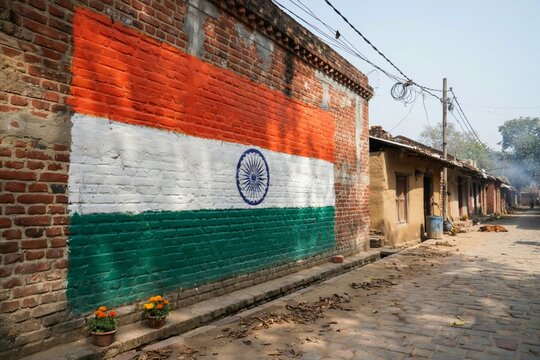 a sunlit rural Indian village street where a large hand-painted tricolor flag covers a weathered brick wall, India Flag