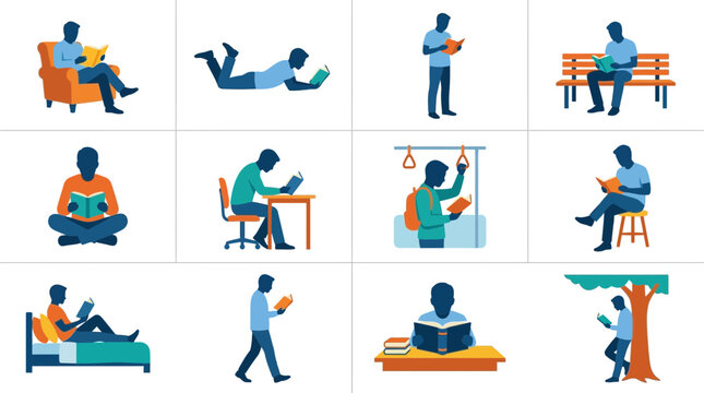 Set of silhouettes showing people reading books in various daily life situations.
