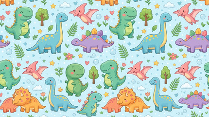 Friendly dinosaurs and nature elements seamless blue pattern © andi