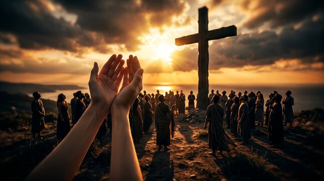 Raised hands in prayer with silhouette people showcasing glowing sunset rays, wooden cross on hill and faithful worshipers, symbolizing spiritual devotion and religious hope