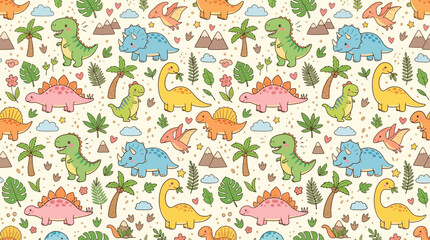 Tropical jungle dinosaurs and palm trees seamless pattern © andi