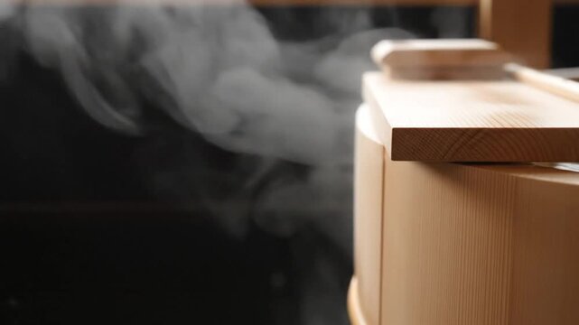 Wisps of steam rising from Hinoki wooden bath rim into dark cold air in slow motion