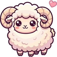 Fototapeta premium Adorable cartoon ram sheep character with fluffy wool and curled horns for stickers and nursery art