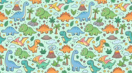Prehistoric landscape seamless pattern with volcanoes and dinosaurs © andi