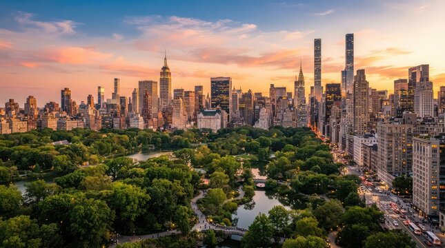 Panoramic view of the new york city skyline with central park in the foreground