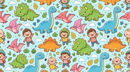 Happy children in dinosaur costumes seamless pattern © andi