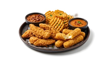 Fototapeta premium Crispy Chicken Tenders Platter with Mozzarella Sticks, Waffle Fries, Chili, and Dipping Sauce