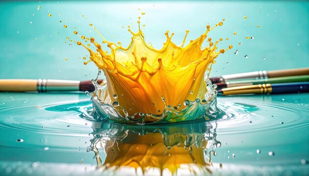 Dynamic High Speed Splash of Yellow Paint in Water with Paintbrushes Around Concept