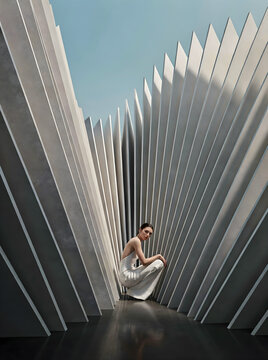 Elegant woman seated in a striking modern architectural passage defined by vertical slats