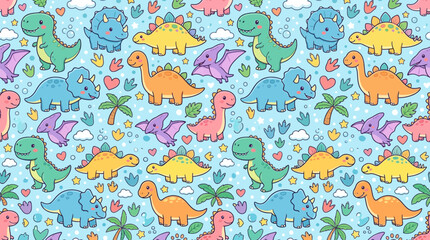 Colorful cartoon dinosaurs seamless pattern on blue background © andi