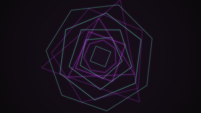 Neon glowing geometric pentagon shapes forming a futuristic abstract tunnel on dark background