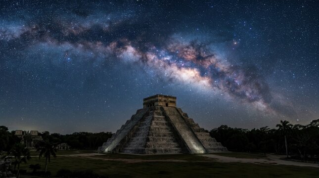 Chichen Itza Pyramid Under a Starry Milky Way Sky.