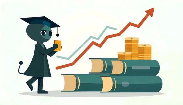 Alien Graduate with Books and Financial Growth Arrow Graph