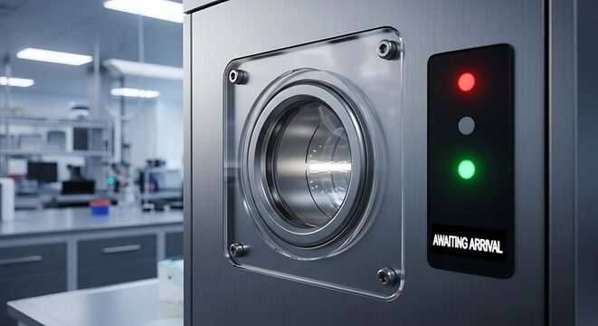 A specialized laboratory machine performs scientific material analysis while illuminated indicators signal the current operational phase of the technical processing sequence within the sterile