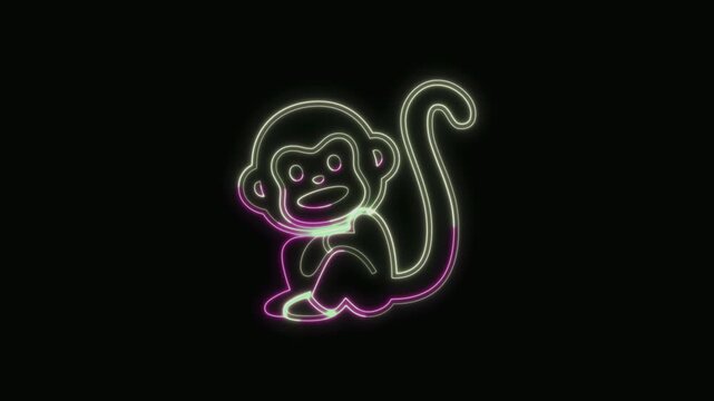  Monkey Icon Neon Seamless Loop 4K with Black Background Animated Promotional Typography for Video Editing