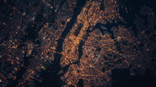 Aerial satellite view of New York City and Manhattan illuminated at night.