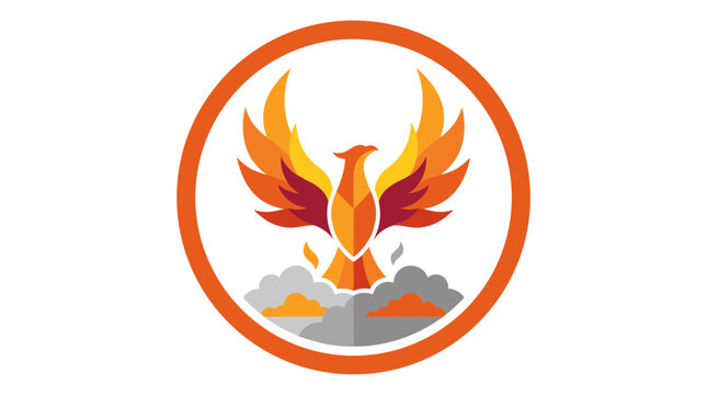 Flat design vector illustration of a phoenix rising from ashes within a circular border, symbolizing rebirth and renewal