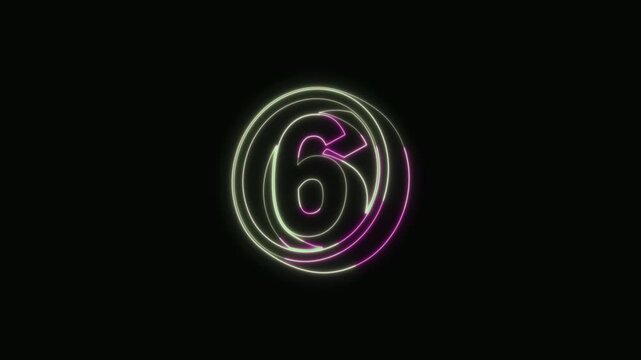 Number 6 Neon Text Seamless Loop 4K Black Background Animated Promotional Typography for Video Editing