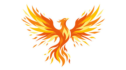 Naklejka premium Stylized phoenix bird illustration with fiery wings and tail on white background, flat design graphic element