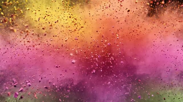 Abstract explosion of vibrant colored powder particles against a dark background