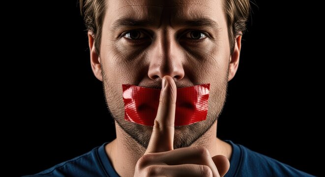 Censored Man with Red Tape Over Mouth Holding Finger to Lips for Silence and Secrecy