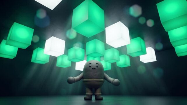 発光するキューブが吊るされたXRスタジオで、悩み見上げる姿からリラックスした笑顔へ変わる粘土風マスコットのローアングルCG映像。