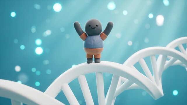 白く輝くDNAらせん構造の頂上で、苦悩する前傾姿勢から両腕を上げて喜ぶ姿へと変化する粘土風マスコットのCG映像。
