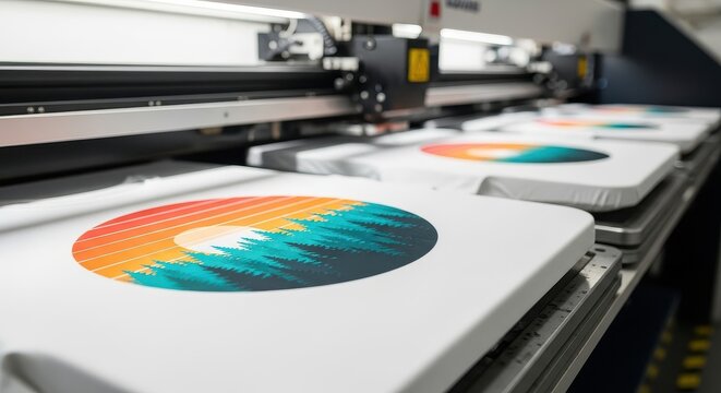 Industrial Direct to Garment DTG Printer Printing Colorful Sunset Forest Design on White T-Shirts in a Professional Workshop