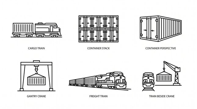 Minimalist black line freight transport icons showing trains, stacked containers, cranes lifting cargo, intermodal logistics, and efficient goods movement illustrations.