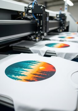 Industrial Direct to Garment DTG Printer Machine Printing Colorful Sunset Forest Designs on White T-Shirts in a Factory
