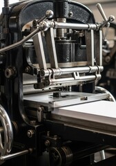 Fototapeta premium Vintage Industrial Printing Press Machine with Stack of White Paper for Professional Letterpress Printing