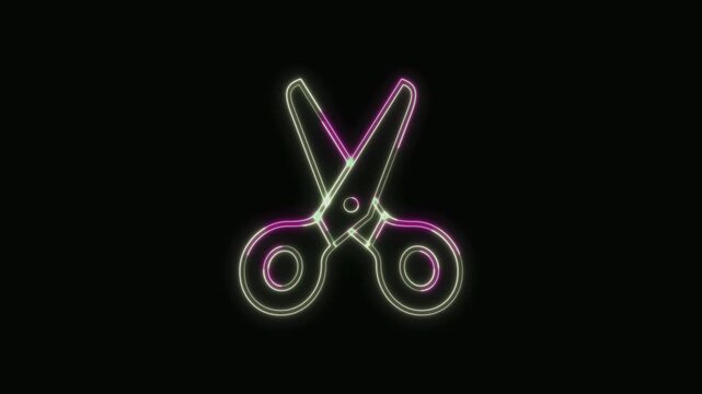  Scissors Icon Neon Seamless Loop 4K with Black Background Animated Promotional Typography for Video Editing
