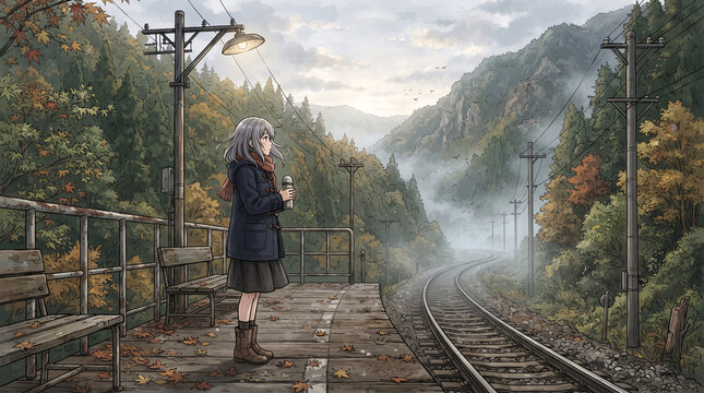 Anime girl standing alone on a rustic mountain railway station platform surrounded by misty autumn forests