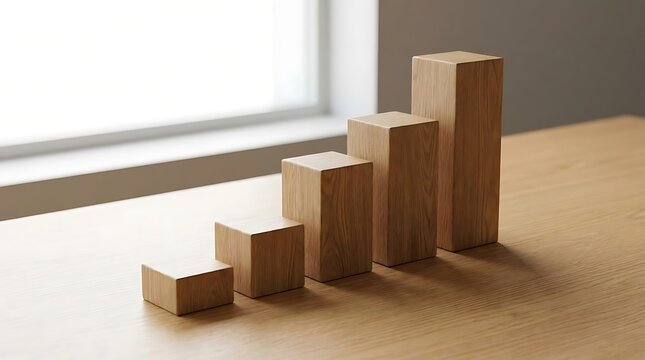 Adkar model conceptual representation with wooden blocks arranged in a rising step formation on a minimalist table to visualize change management success