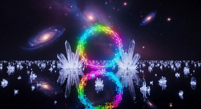 Cosmic Prism Symphony: Reflected Galaxies and Luminous Crystals