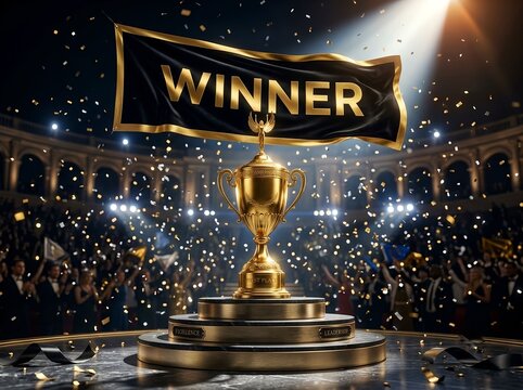 Golden championship trophy on a podium. For victory, achievement, competition, success, leadership, recognition, and championship celebration