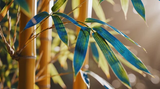 Golden bamboo stalks with vibrant blue-green leaves, soft light rays filtering through, evoking a serene natural setting and tranquility