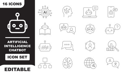 Fototapeta premium Chatbot and artificial intelligence icon set with voice bot and smart chat vector illustrations for customer service and support. Machine Learning web icon set in line style. Collection of Machine Lea