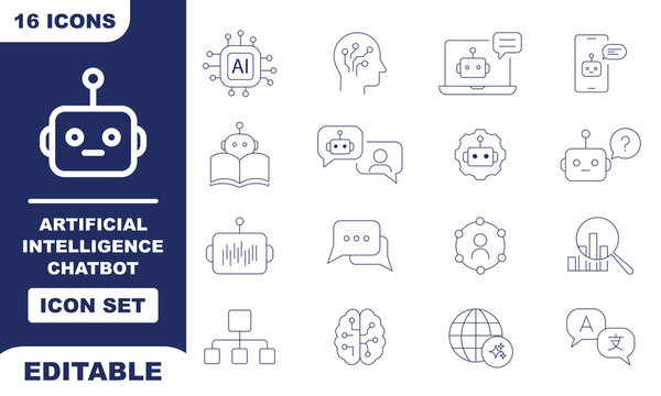 Chatbot vector icon collection featuring virtual assistant, AI bot, conversational interface, smart automation and minimalist symbols for apps, websites, customer support and user interface design.