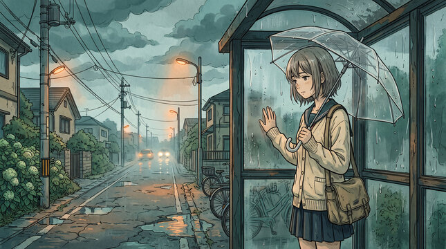 Anime Girl Standing at a Rainy Bus Stop in a Quiet Japanese Neighborhood During Twilight Hours