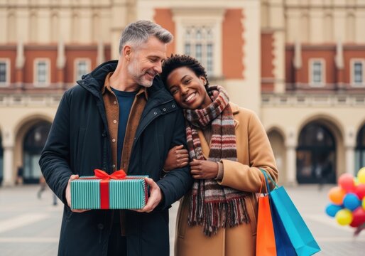 Happy couple shopping together outdoors