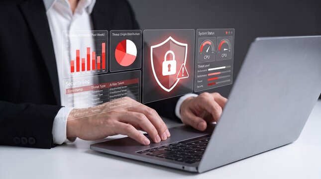 cybersecurity monitoring and threat detection concept. businessman analyzing phishing attempts, security logs, system status, and threat level indicators on laptop. data protection and network securit