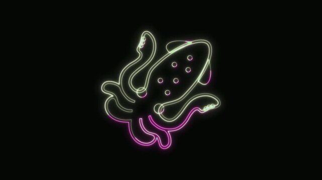  Squid Icon Neon Seamless Loop 4K with Black Background Animated Promotional Typography for Video Editing