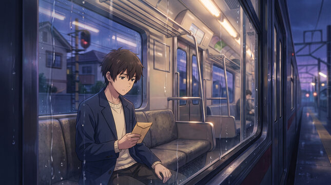 Young man traveling alone inside a passenger train carriage during a rainy evening commute with city lights visible through the window